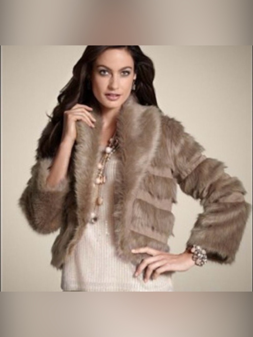 CHICOS Bolero Faux Suede Fur Jacket Burlywood Brown Size 2 Lg